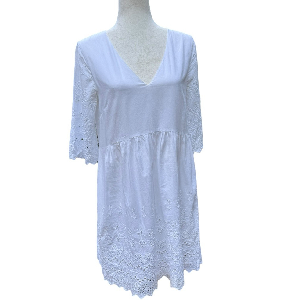 Madewell White Eyelet Cotton Dress Size 4 V-Neck Scallop Hem Boho Cottagecore